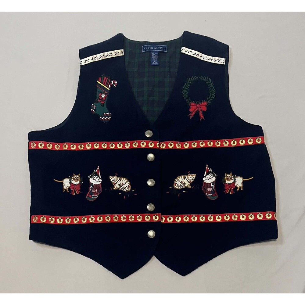 VTG Karen Scott II Christmas Cat Vest Embroidered Plus Size 1X Ugly Holiday